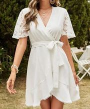 SheIn White Contrast Lace Trim Wrap Front Belted Mini Dress