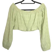 Emory Park Womens Off Shoulder Long Sleeve Cinched Crop Top Green L NWOT