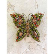 Vibrant green amber and red rhinestone butterfly brooch