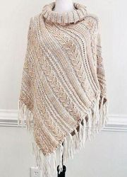 TIME & TRU *New* Beige & Cream Chunky Knit Soft Cozy Fringed Poncho ~ One Size