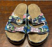 sz 8.5 Blue Pink Green Floral 2 Strap Adjustable Slide Sandal