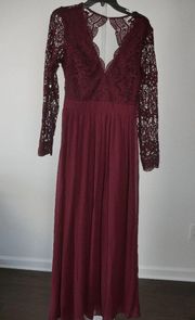 Lulus  Burgundy V-neckline Open Back sheer long sleeves Lace Maxi Dress M