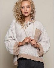 POL Chunky Knit Oversized Hooded Pullover Sweater Womens Small Ivory Beige