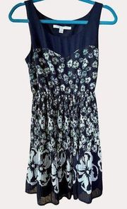 LC Lauren Conrad Pleated Floral Print Sleeveless Short Dress Navy Blue 4