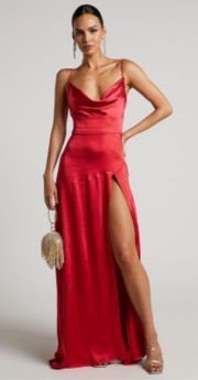 Cleopatra Maxi Dress- High Split Cowl Neck Dress In Red