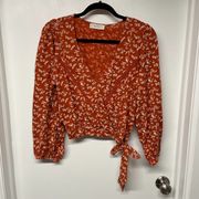Lucky Brand Orange Floral Lace Faux Wrap Boho Long Sleeve Crop Top Size Small