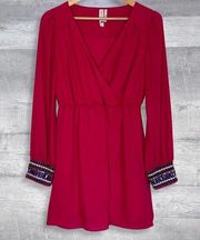 Long Sleeve Faux Wrap Mini Dress Womens S Gem Embellished Cuffs V-Neck