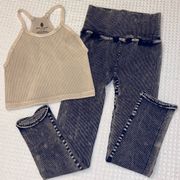 NEW Set FREE PEOPLE Movement Happiness Runs Crop Tank Top 7/8 Leggings Tan Navy