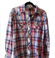 Cruel/Cinch western red white blue plaid long sleeve shirt