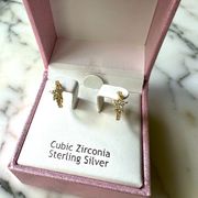 💖 Sterling Silver Gold Tone Cubic Zirconia Pave Star Earrings NIB