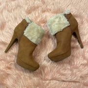 GBG Guess Tan High Heel Ankle Booties White Fur & Buckle Accent Heeled Boots