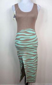 Halara Tik Tok Sleeveless Front-slit Knit Dress Light Green Tiger Stripe ONE SIZ