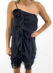 00s ANDREE Vintage Y2K Black Ruffle One Shoulder Lined Mini Dress