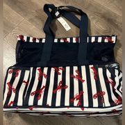 No Boundaries Zip Bottom Beach Tote Handbag, Lobster Print & Stripe New