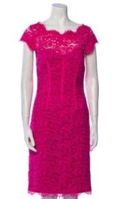Monique Lhuillier Pink Floral Lace Scalloped Trim Cut Out Back Detail Dress