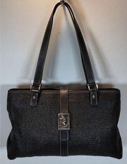 RALPH LAUREN Black Woven W/Leather Trim Shoulder Satchel Handbag Purse READ