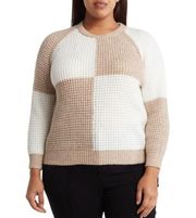 T Tahari Womens 2X Checker Board Pullover Sweater in Camel and Ivory NEW