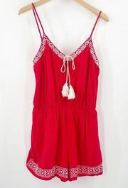 SHE + SKY Jumper Romper Size Large Red Embroidered Tassels Summer Beach Coastal