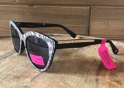 NWT Betsey Johnson Black Slim Cateye Sunglasses Stripe Floral Print