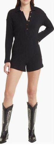 Treasure & Bond Long Sleeve Rib Henley Romper in black Size S