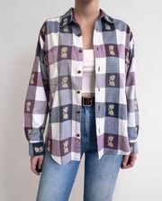 Vintage Check Plaid Button Down Shirt L Cottage Purple Blue White 100% Cotton