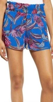 LEITH Plus Size Blue Pink Tropical Floral High Waisted Pull On Paperbag Shorts