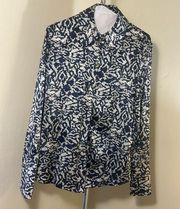ST. JOHN Top Silk Button Up Long Sleeves Blue and White Size 2 *small stain