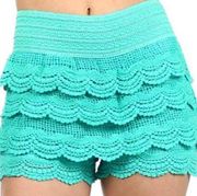 Love Culture Shorts Womens M Blue Teal Crochet Lace Scallop Tiered Boho