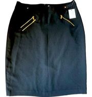 Calvin Klein Black Pencil Skirt with Golden Zipper & Button Tab Accents 14 NEW