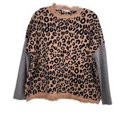 THML Cheetah Animal Print Contrast Sleeve Fringed Crewneck Sweater Size L