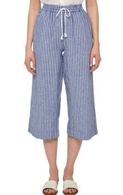 BeachLunchLounge Blue White Striped Linen Cropped Wide Leg Pants Size Medium