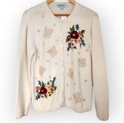 Vintage Haband Floral and Butterfly Embroidery Cream Colored Cardigan Sweater M