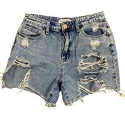 Denim Blvd Mid Rise Destroyed Shorts S Med Wash Jean 5 Pocket Cut Off Button Zip