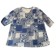 Woman Within 3/4 Sleeves Patchwork Pattern Tunic Blouse Size Large