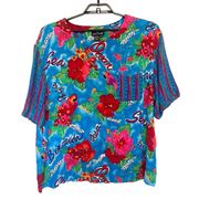 CAROLE LITTLE Gauzy Popover Womens Top Sz 24 Bright Tropical Toucan Short Sleeve