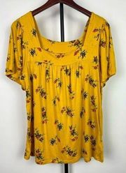 Lucky Brand Yellow Knit Bohemian Floral Square Neck Top