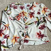 Leith Tan Watercolor Floral Tie Front Blouse   Size Small