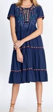 Johnny Was Sicilia Tiered Knit Floral Embroidered Cotton Midi Dress