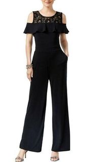 "INC INTERNATIONAL CONCEPTS" BLACK LACE NECK RUFFLED FLARED LEGS JUMPSUIT  M NWT