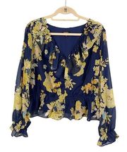 MAREE Blouse 14 Georgette Floral Ruffle Cinch Waist Peplum Long Sleeves Blue NWT