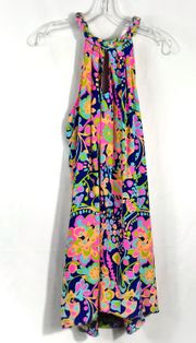 Colorful High Halter Neck Swirl A-Line Swing Dress Small S Preppy