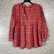 Woman Within Plus Size Orange/Pink Plaid Flannel Peasant Blouse - Size 30/32-3X