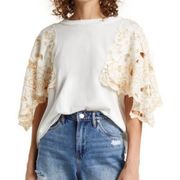 Free People NWT  White T-shirt Gold moon stars embroidered balloon angel sleeves top