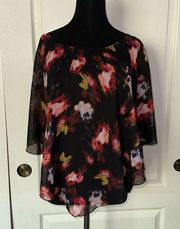 AB STUDIO ABSTRACT FLORAL PONCHO FLOWY BLOUSE