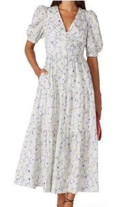 Nicholas Celie White Blue Floral Button Front Print Puff Sleeve Maxi Dress Sz 6