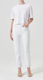 Riley High Rise Straight Crop Sour Cream White Denim Raw Hem Jeans