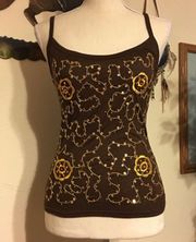 Brown soft Stretch Camisole w/gold sequins