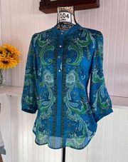 NY & Co. Long Sleeve Blue & Green Paisley Top