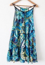 Blue Multicolored Sleeveless Silk Sheer Trapeze Dress