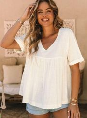 NEW Off White Linen Blend Frayed V Neck Babydoll Blouse Size Large